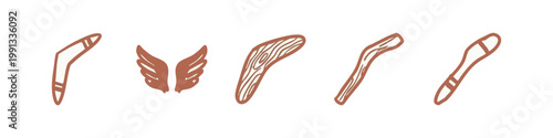 Hand-drawn brown icons of boomerangs and wings
