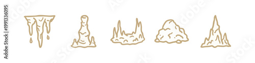 Hand-drawn golden icons of cave formations like stalactites and stalagmites