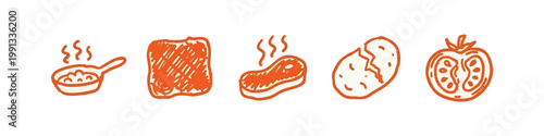 Hand-drawn orange doodles of cooking food: pan, steak, potato, tomato
