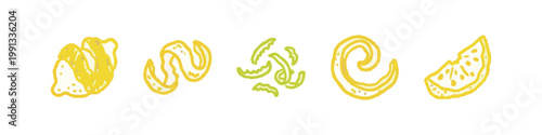Hand-drawn yellow and green doodles of citrus peels and fruit slice