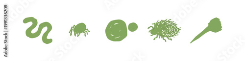 Hand-drawn green doodles of a snake, spider, circles, spiky ball, and cone