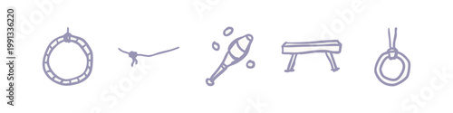 Hand-drawn purple icons for gymnastics: rings, ribbon, clubs, pommel horse
