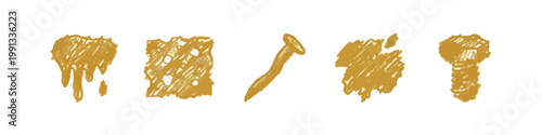 Hand-drawn gold icons of melting substances, cheese, nail, and screw