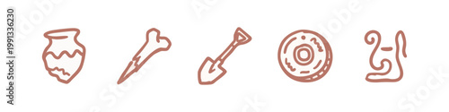 Hand-drawn brown icons of pottery, bone, shovel, disc, and abstract symbol
