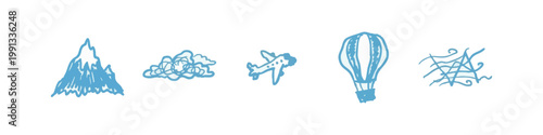 Hand-drawn icons: mountain, cloud, airplane, hot air balloon, web