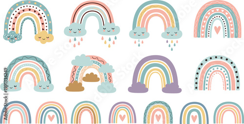 Cute pastel rainbow collection with clouds and raindrops, boho nursery elements set for kids vector illustration isolated