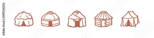 Hand-drawn icons of various dwellings: yurt, tent, house