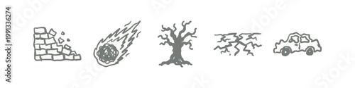Hand-drawn icons: broken wall, comet, dead tree, lightning, damaged car