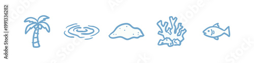 Hand-drawn icons: palm tree, water ripples, sand dune, coral, fish