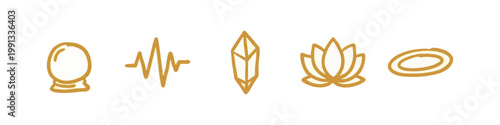 Hand-drawn spiritual and wellness icons: crystal ball, waveform, crystal, lotus, ring