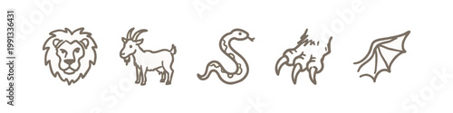 Hand-drawn mythical creature icons: lion, goat, snake, claw, wing