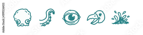 Hand-drawn strange and monster icons: alien, tentacle, eye, bird head, splash