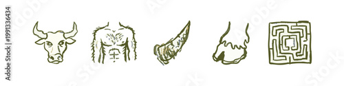 Mythological Creature Symbols: Bull Head, Minotaur Torso, Horn, Hoof, Maze
