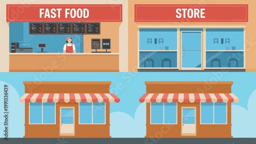 Minimal storefront illustration with fast food shop and retail buildings modern flat vector design with awnings and windows