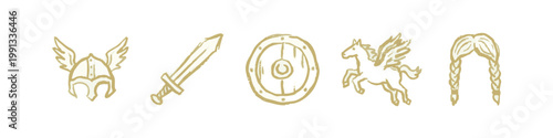 Viking Warrior Icons: Helmet, Sword, Shield, Pegasus, Braided Hair