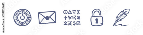 Mystery and Secret Icons: Astrological Wheel, Envelope, Runes, Lock, Feather Pen