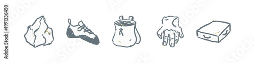 Rock Climbing Gear and Equipment Icons: Rock, Shoe, Chalk Bag, Chalk, Equipment