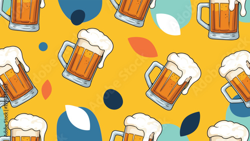 Vibrant seamless pattern displays frothy beer mugs combined with colorful abstract shapes on a bright yellow background for celebration.