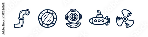 Nautical and Underwater Icons: Pipe, Porthole, Diving Helmet, Submarine, Propeller