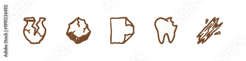 Ancient History Icons: Broken Pot, Stone, Paper, Tooth, Sticks