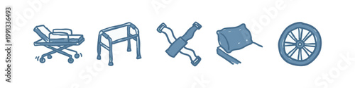 Mobility and Medical Aid Icons: Stretcher, Walker, Crutches, Pillow, Wheel