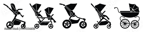 Modern and classic baby stroller types including infant car seat, double, jogging, and traditional pram models for family care concepts.