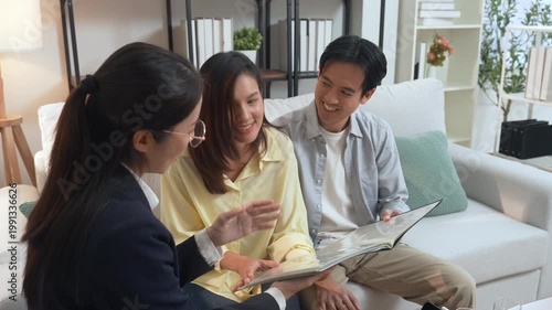 Couples family therapy with psychotherapist and counselor consultation in living room on sofa, vdo album reflections and guidance for communication improvement, relationship support and trust