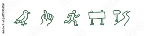 Hand-drawn travel and direction icons: bird, finger, runner, signpost, road