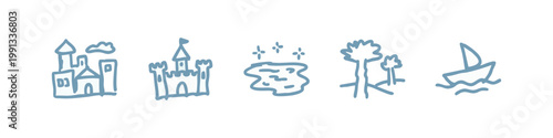 Cute hand-drawn castle icons and nature elements