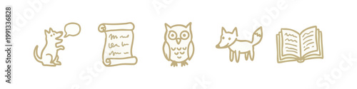 Hand-drawn storytelling icons: dog, scroll, owl, fox, book