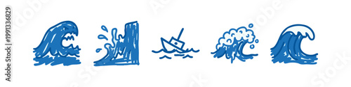 Hand-drawn wave icons with a sinking boat