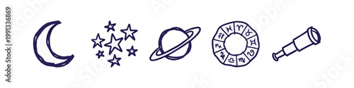 Astronomy and astrology icons: moon, stars, planet, zodiac