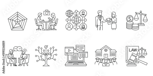 Business analysis and legal icons set with radar chart interview global network and law gavel.Editable stroke, Vector illustration, Line art Icon, Symbols.