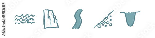 Water and geological icons: waves, cliff, river, landslide, hole
