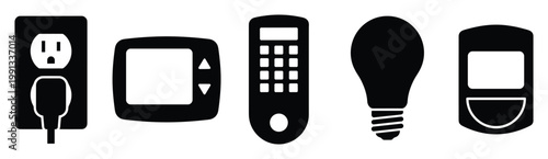 Collection of essential domestic electronic appliances and light sources for modern home automation and energy management concept