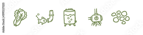 Sustainable Aquaponics and Hydroponic Farming Icons Hand Drawn