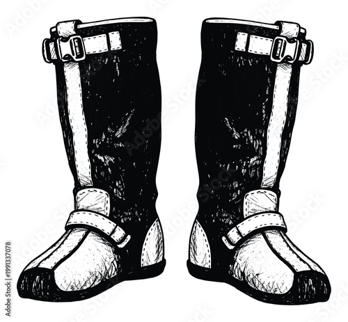 Black and white hand drawn graphic of a pair of tall utility boots with buckles and straps for footwear and clothing concepts