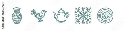 Teal Hand Drawn Home Decor Icon Set with Vase Bird Teapot and Mandala Pattern