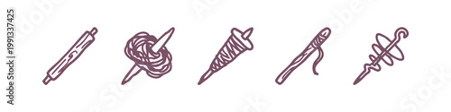 Textile and Weaving Maroon Doodle Icons Set with Rolling Pin Yarn Spindle and Needle