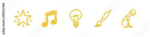 Creativity and Arts Yellow Doodle Icons Set Featuring Star Music Note Light Bulb and Paintbrush