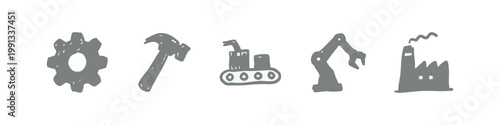 Heavy Industry and Manufacturing Grey Doodle Icons Including Gear Hammer and Factory