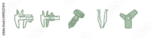 Measurement and Engineering Light Green Doodle Icons Set with Calipers and Screw