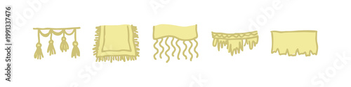 Textile Decor and Fringe Pale Yellow Doodle Icons Set with Tassels and Wavy Fabric