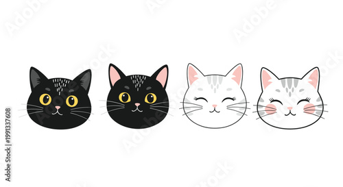Set of four cute cat heads featuring two black cats with yellow eyes and two white tabby cats with closed smiling eyes.