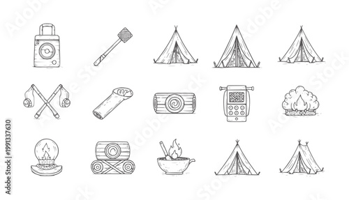 Hand drawn camping including tents lanterns and campfire