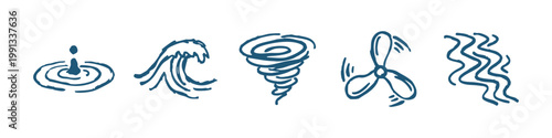 Set of Hand Drawn Natural Forces and Energy Icons with Wave Tornado and Propeller