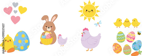 Cute Easter cartoon set with bunny chicks eggs chicken sun and spring elements vector illustration