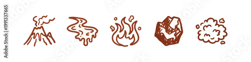Volcano and Fire Element Natural Disaster Doodle Icons