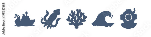 Marine Life and Nautical Exploration Silhouette Icon Set