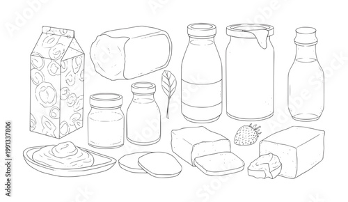 Hand drawn dairy products and fruit collection line food drink milk butter